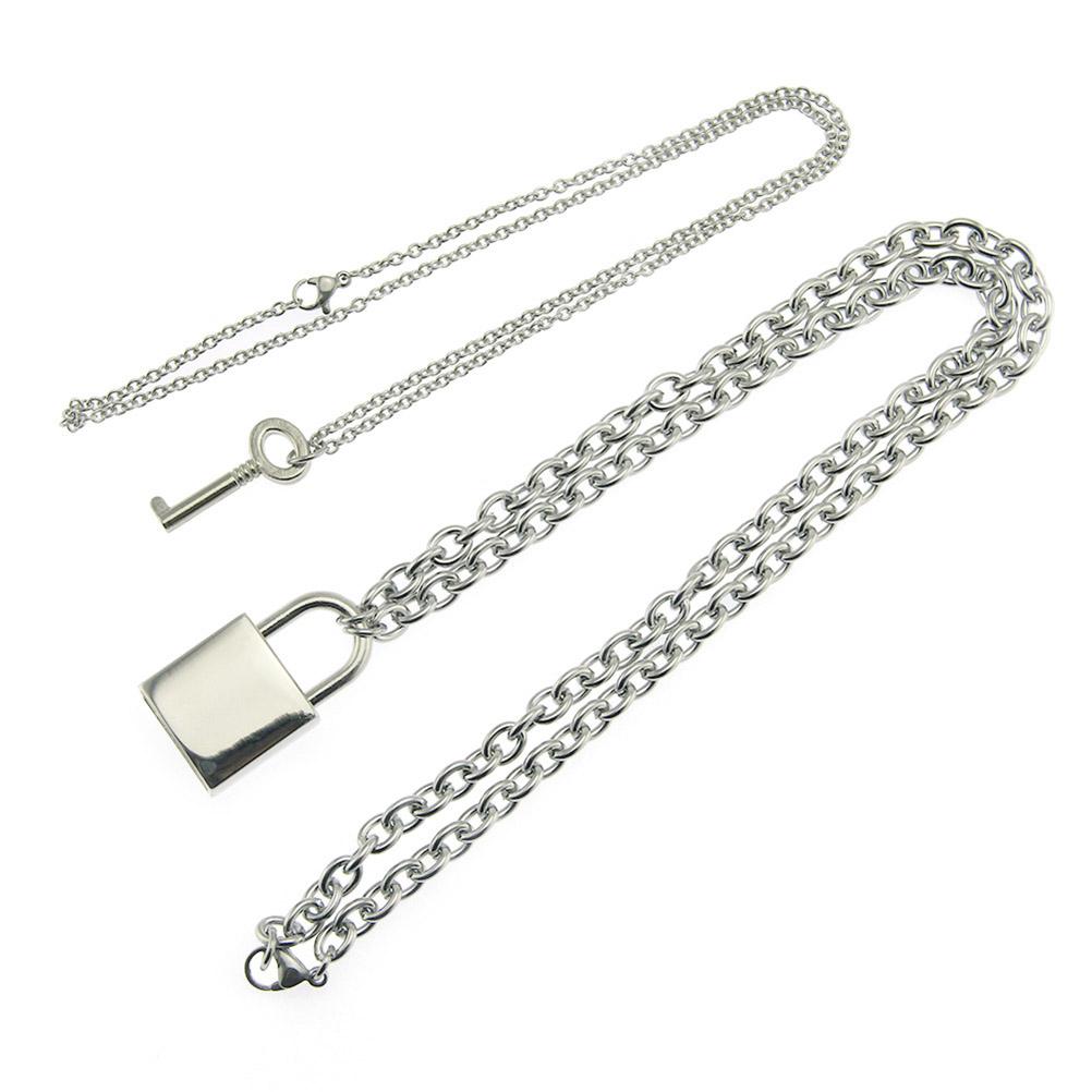 Stainless Steel Chain Necklace Lock Key Pendant Necklace Couple Padlock Necklace