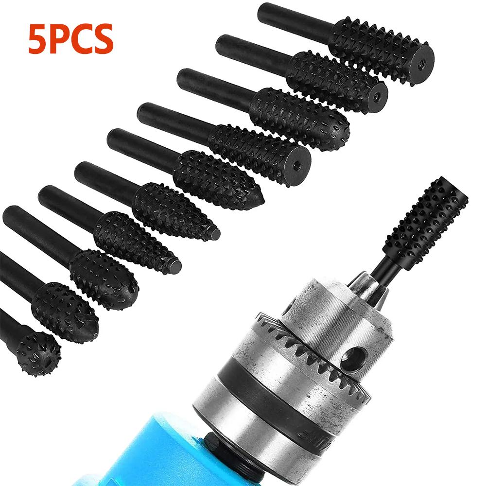 5Pcs Drill Bit Set Rotary Burr Set Wood Rasp File Drill Bits Rotary Rasp Set for Woodworking Rotary File Grinding Head