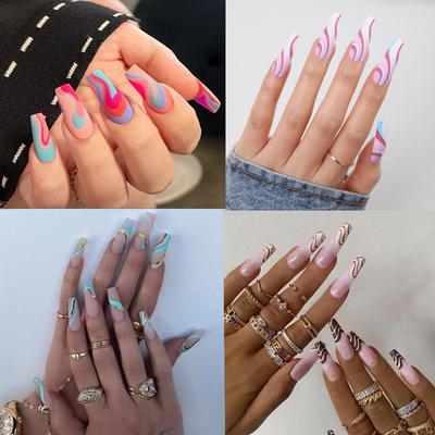 Wearable Nails Simple Line Nails Long Nail Art Patch Rainbow Two-Color Line Nails Finished Product