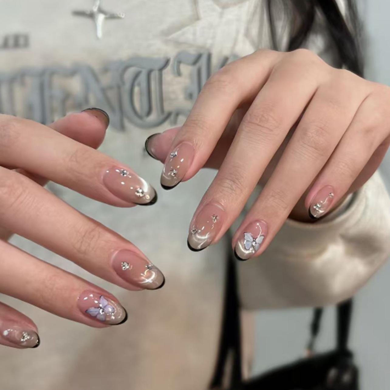 30-Piece Pack: Southeast Asia’s Hot-Selling French Black Cat-Eye Almond Press-On Nails