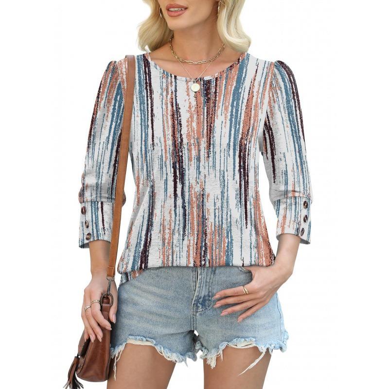 

Осенняя женская футболка Модный повседневный топ с принтом в полоску, с рукавом семь восьмых, на пуговицах, с круглым вырезом XXXL