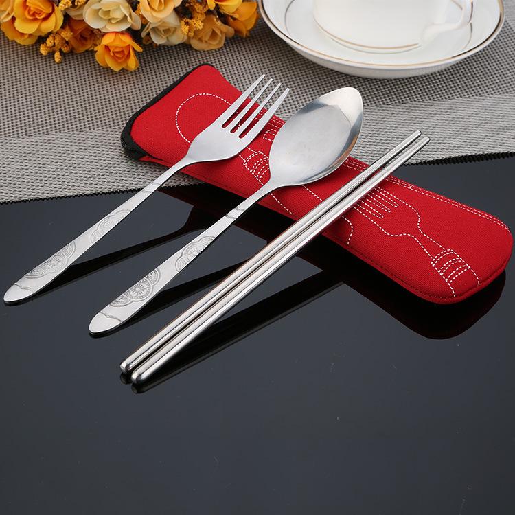 Portable Stainless Steel Western Cutlery Set: Knife, Fork, Spoon & Cloth Bag - Creative Three-Piece Gift Set