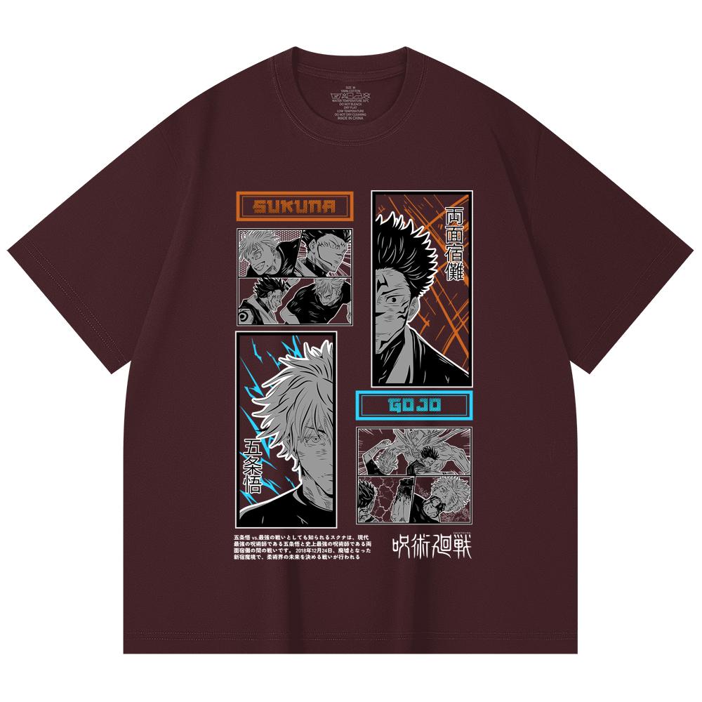 

230 Gsm 100% Cotton Jujutsu Kaisen V33 Gojo Sukuna Print Unisex Heavy Cotton T Shirt 2XL вина червоного кольору