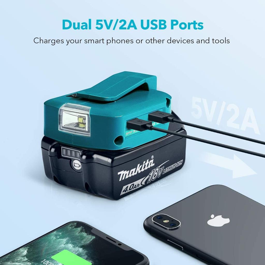 USB Adapter For Makita BL1430 BL1440 BL1830 BL1840 BL1850 BL1860 14.4V 18V Battery with LED Light Dual USB Port  2.1A Charger