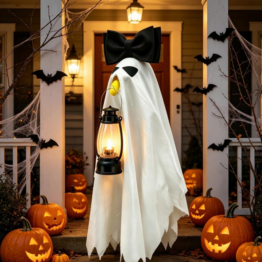 Halloween 23inch Ghost Porch Goose Costume With Bowknot LED Lantern, Scary Halloween Ghost Costume For Lawn Goose Statue Yard Decoration