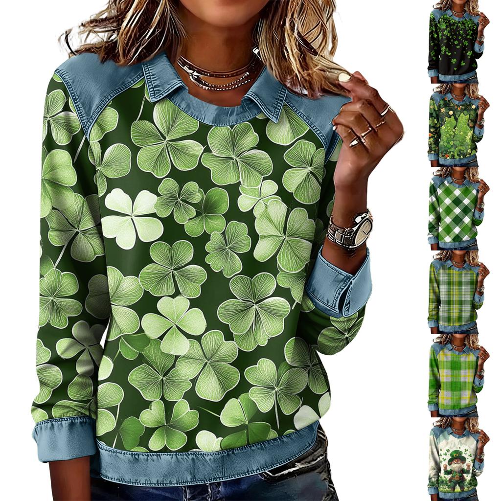 Long Sleeve Denim Patchwork Sweatshirt with Print Crew Neck Casual Pullover Top for Women Fashion Style