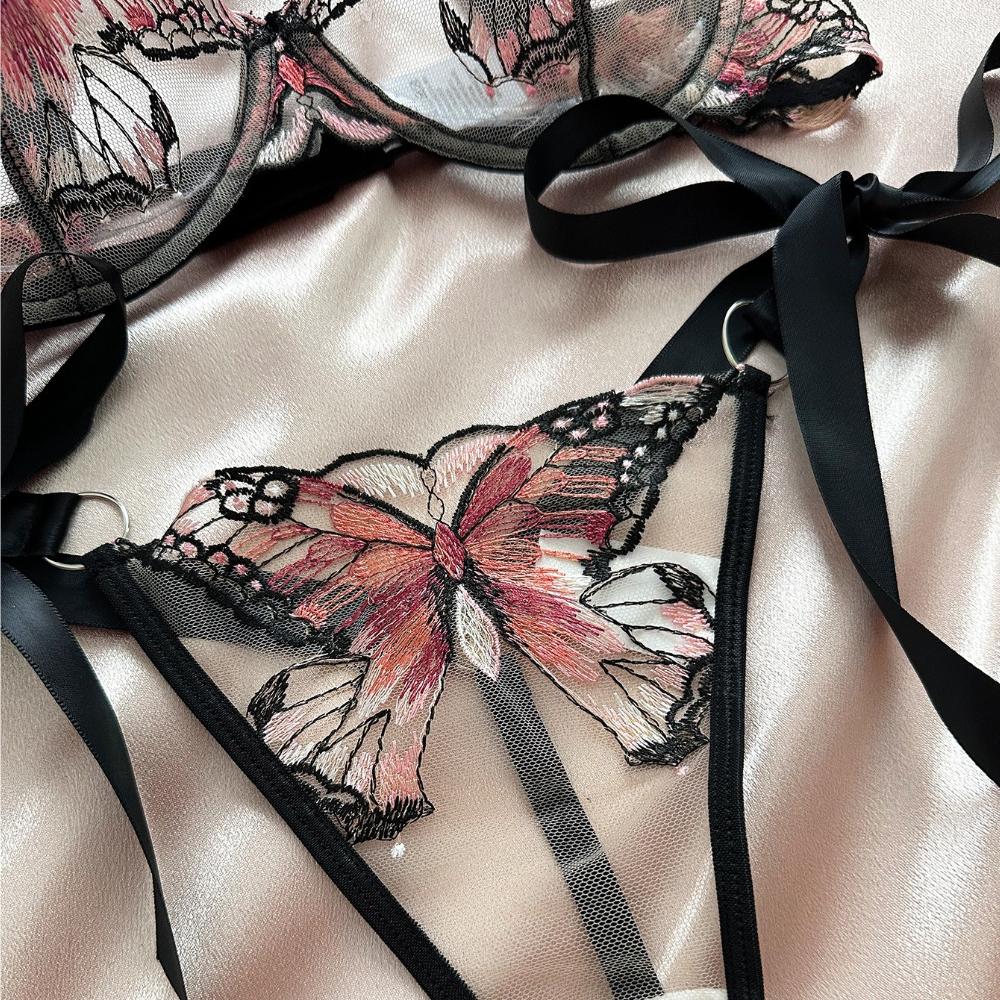 Women'S Sexy Butterfly Embroidery Sheer Mesh Lingerie Set See Through Temptation Bra Panty Outfit Shelf Bra