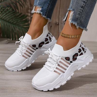 Large Size Fly-woven Sneakers Spring and Summer New Round Head Muffin Sole Leopard Print Breathable Single Shoes