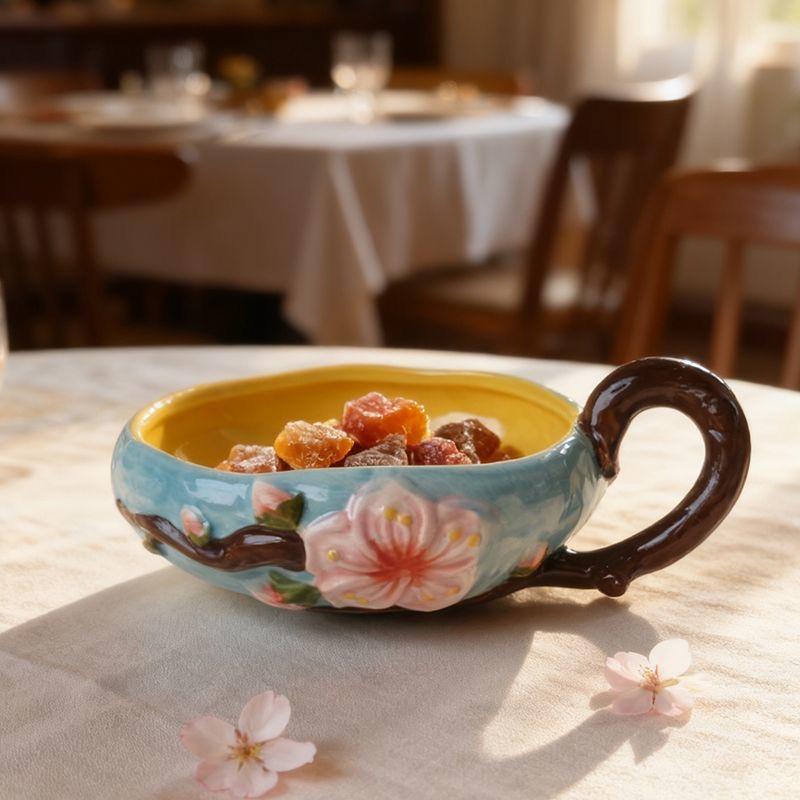 Japanese High-Temperature Ceramic Relief Peach Blossom Bowl, Handled Fruit, Salad & Snack Dish