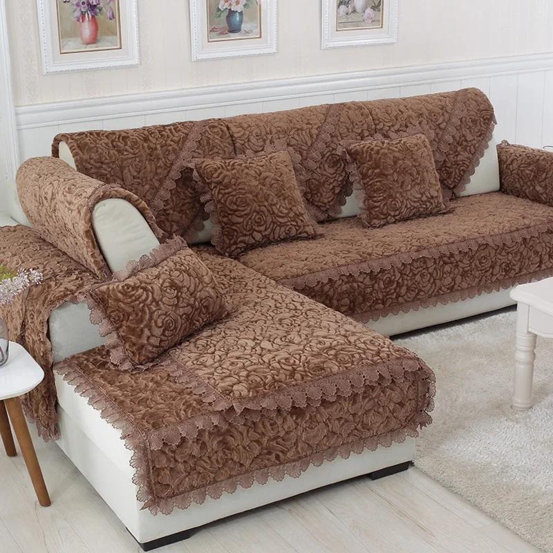 Modern Plush Sofa Cushions Winter Lace Flannel Sofa Cover Four Seasons Solid Color Non-slip Sofa Cover For1/2/3 Seat Sofas Decor