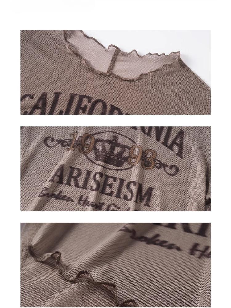 Retro síťované tričko s potiskem písmen pro ženy, sexy trička s dlouhým rukávem, topy, dívčí Y2K trička