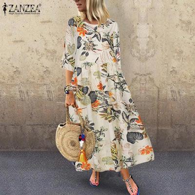Vintage Plus Size Women 3/4 Sleeve Floral Print Casual Tunic Long Dresses