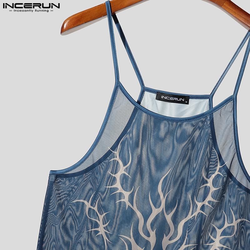 INCERUN Men Sling Sleeveless Print Mesh Sheer Tank Tops Camisole Undershirts