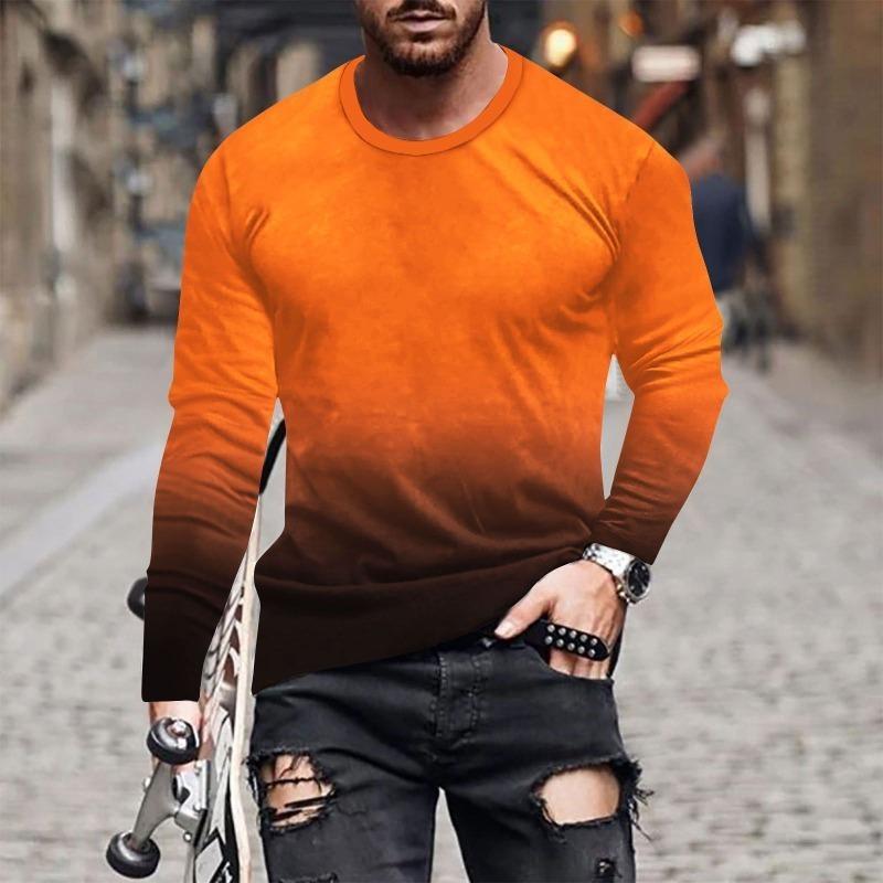 European and American Fashion Gradient Printed Casual Long Sleeved T-shirt O Neck Oversized Pullovers Tees Tops Men's Clothing