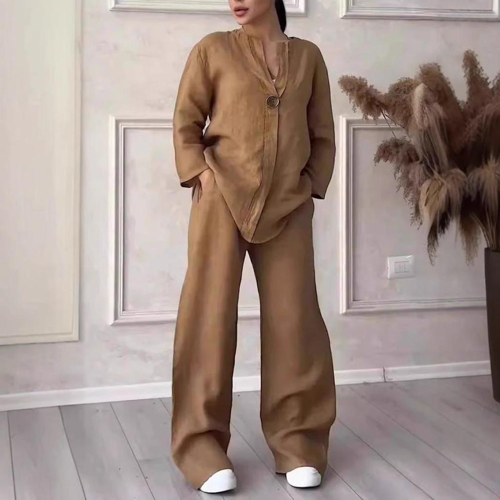 2025 Summer Fashion V-Neck Long-Sleeve Multi-Color Cotton Linen Women's Set