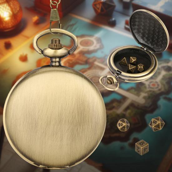 Mini DND Dice Set Polyhedral Metal Vintage Dice Steampunk Gear Pocket Watch Dice Set with Chain Board Game Accessories