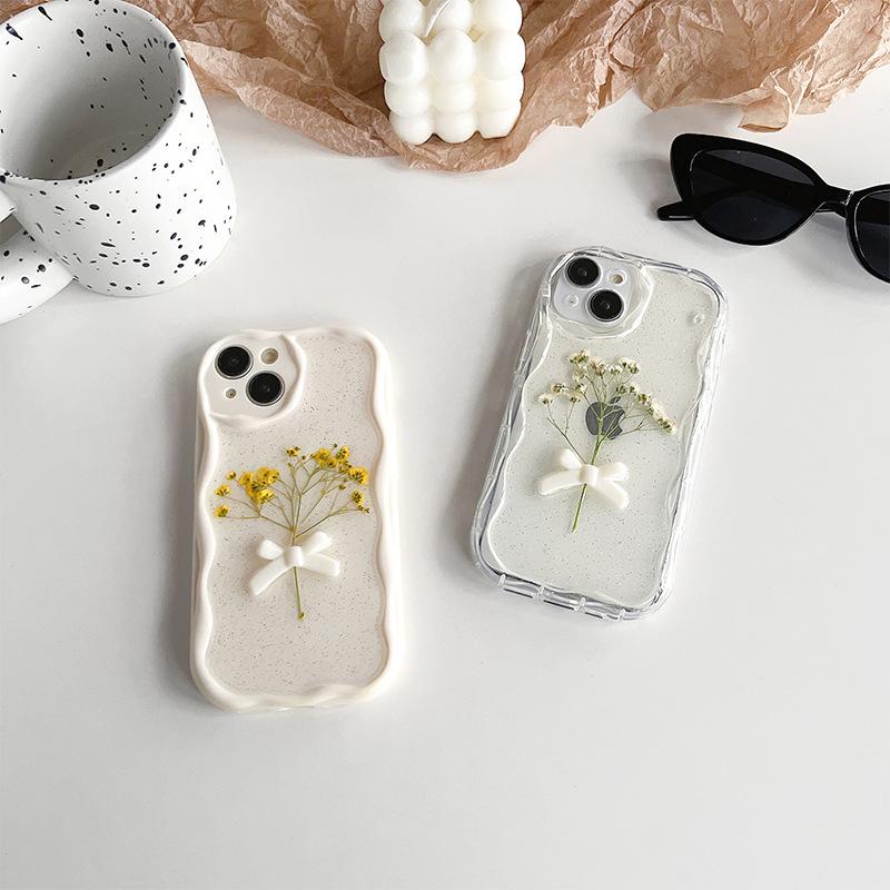Bow flower mobile phone case for Apple 17Promax transparent glitter wind Iphone16 soft silicone