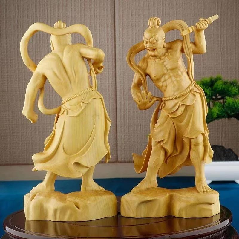 Wood Carving Hum Ha Two Will Door God Statue  Chinese Mythological Figure Home Living Room Office Feng Shui Guardian StatueApair