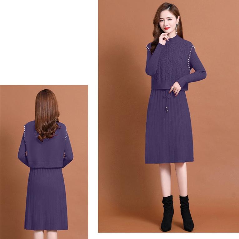 Two-piece Knitted Vest Dress for Women Long-sleeved Solid-color Sweater Dress Casual Mid-length Sweater for Autumn and Winter