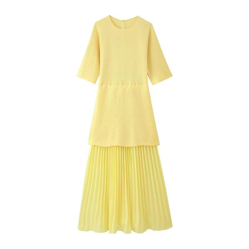Spring and Summer New Women's Clothing French Simplicity Short Sleeve round Neck Knitting Small Pleated Patchwork Dress 4192001