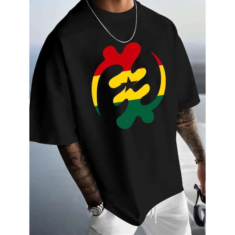 Ghanaian Element Print Men s Casual T-Shirt, Summer Men s Round Neck Short Sleeve T-Shirt, Fashionable Versatile Trendy Print Short Sleeve S чёрный