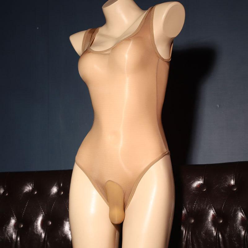 Full Transparent Bodysuits Gay Men Oils Shiny Smooth Jumpsuits Sissy Sheer Mesh Swimsuit Cross-Dresser Glossy Erotic Lingerie