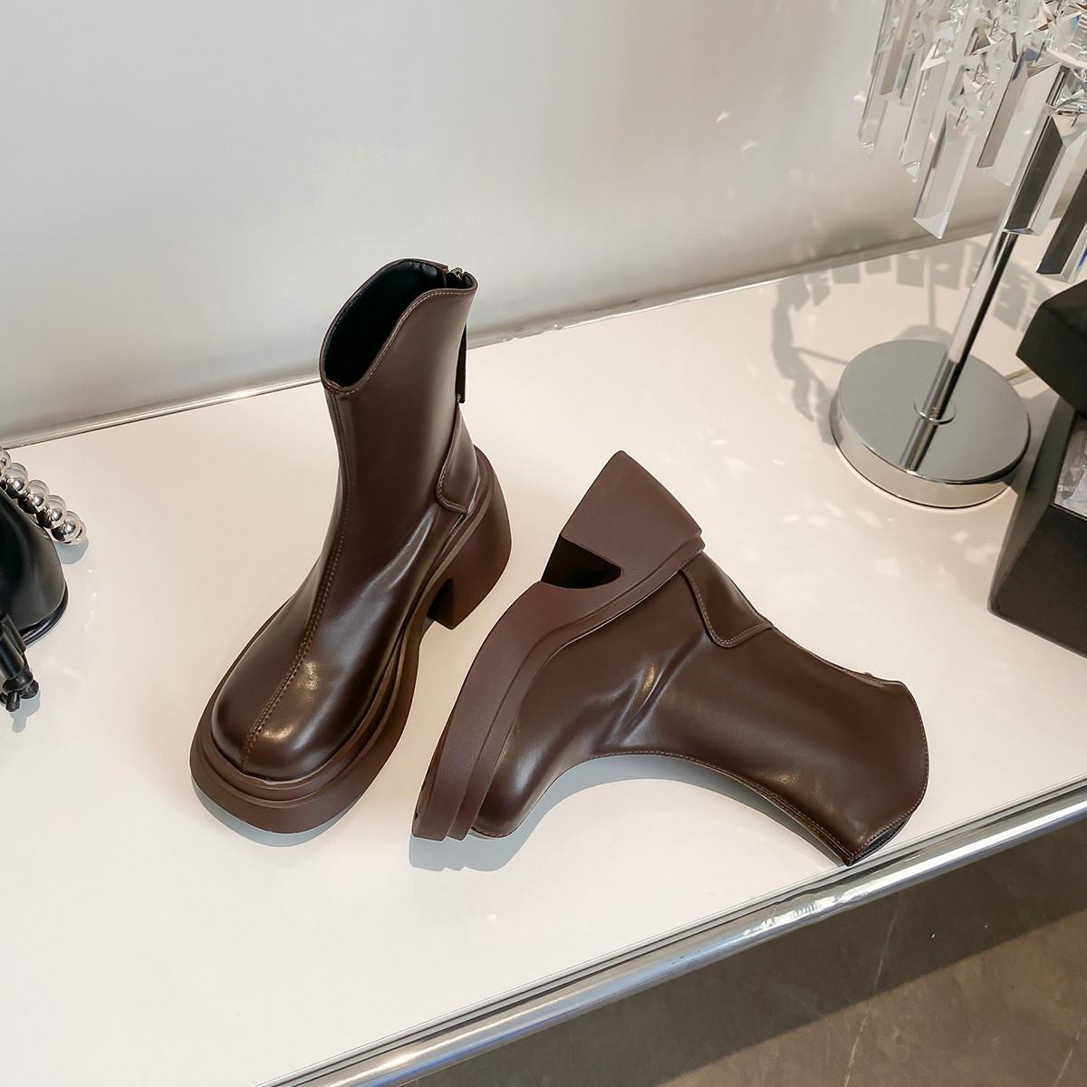 

French skinny boots women s thick heel thick sole heightened rear zipper Martin boots v-mouth white medium tube short boots 40