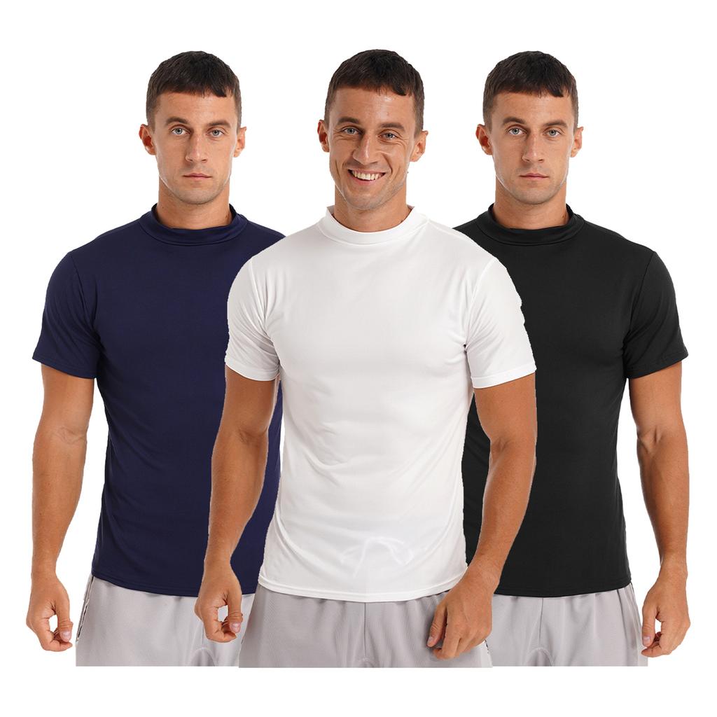 Herren 3-teiliges Mock-Neck Kurzarm-T-Shirt Lässiges einfarbiges Slim-Fit Oberteil Unterhemd Set
