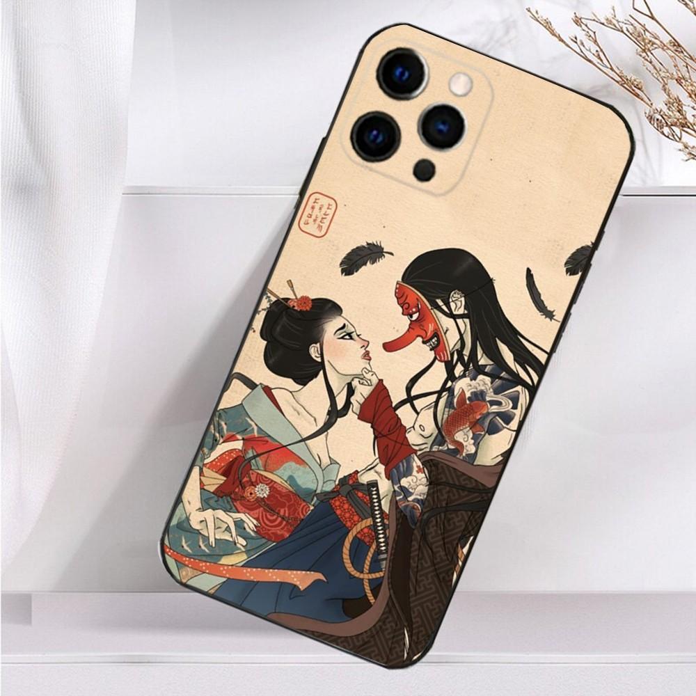 Japanese Geisha W-Woman Phone Case For iPhone 16,15,14,13,12,11 Plus,Pro Max,XS,X,XR,SE,Mini,8,7 Soft Silicone Black Cover