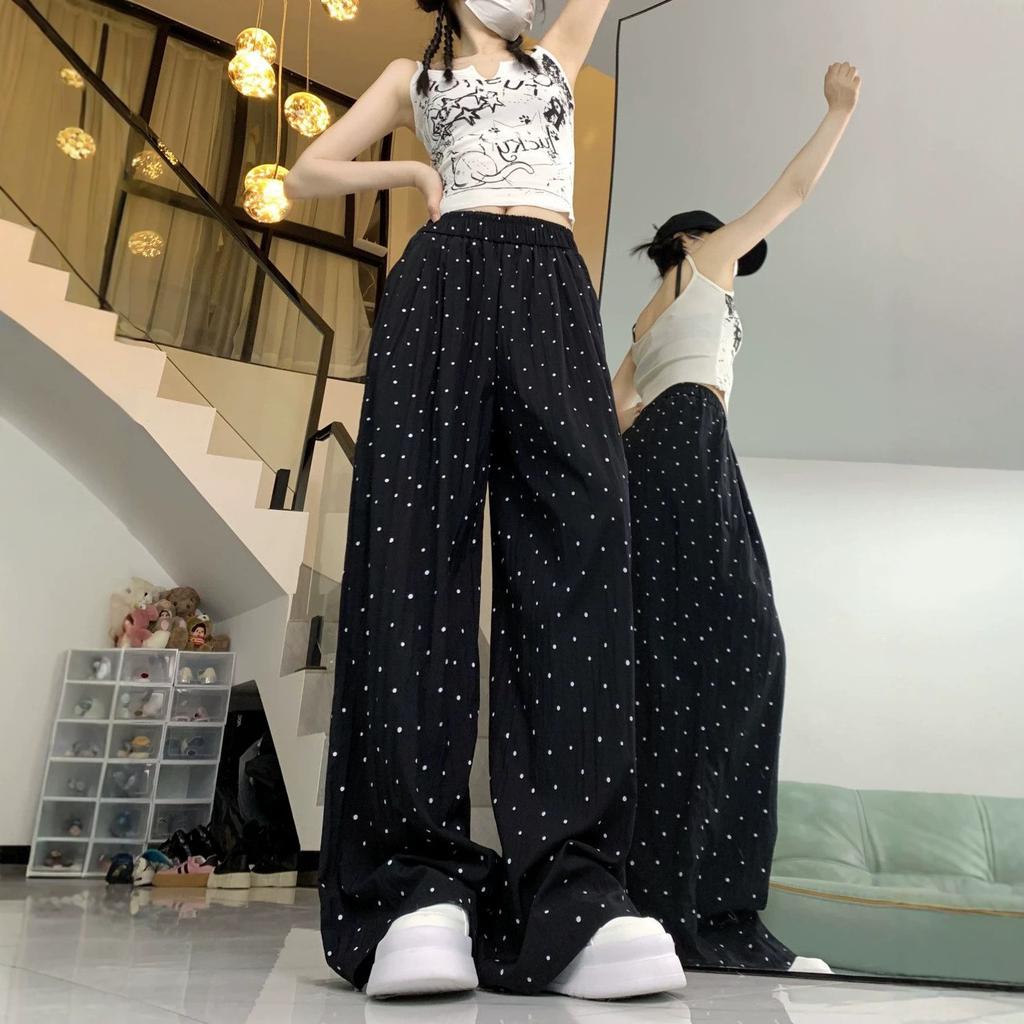 Women's High Waist Wide Leg Pants Loose Fit Korean Polka Dot Ice Silk Straight Trousers Casual Pants
