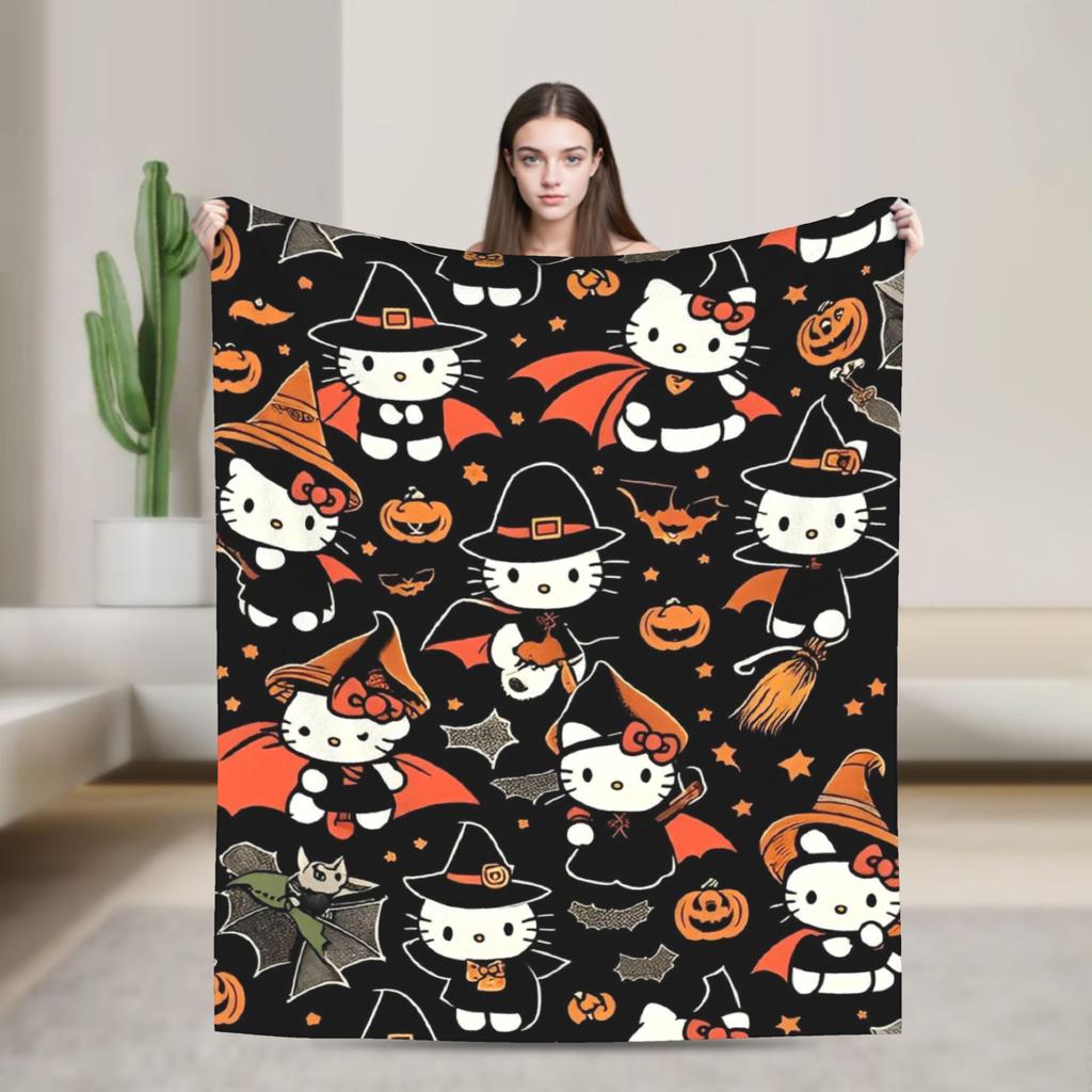 Hello Kitty Halloween Knitted Blanket Bats Ghost Plush Throw Blankets Home Couch Personalised Soft Warm Bedspreads,