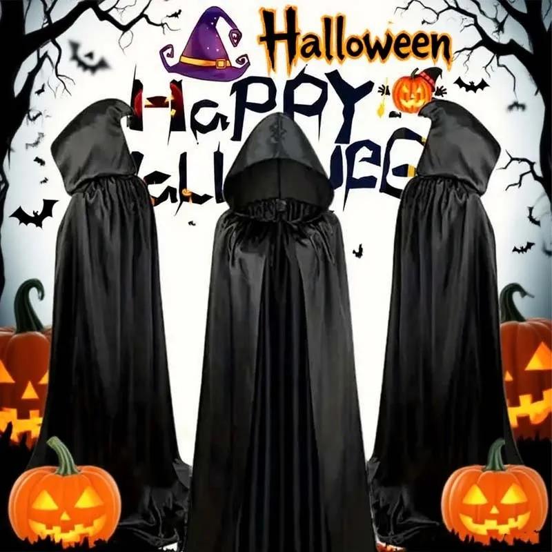 Halloween Cloak Cape Costume Black Wizard Robe Grim Reaper Cosplay Outfit for Adults Kids Party Stage Performance Decoration