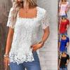 Lace Blouse Tee Shirt Women Vintage Top Solid Full Sleeve Square Collar Streetwear Ladies Casual Spring Summer Basic Tops