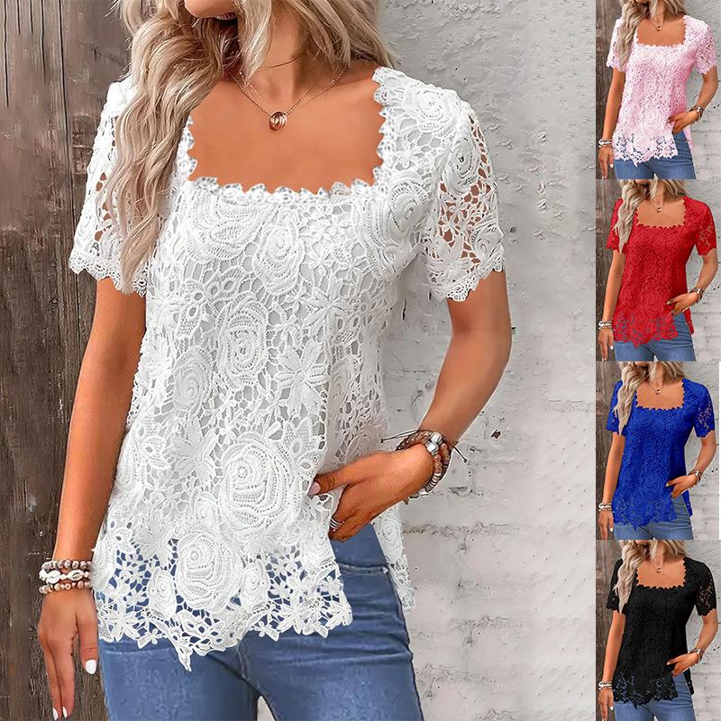 Lace Blouse Tee Shirt Women Vintage Top Solid Full Sleeve Square Collar Streetwear Ladies Casual Spring Summer Basic Tops
