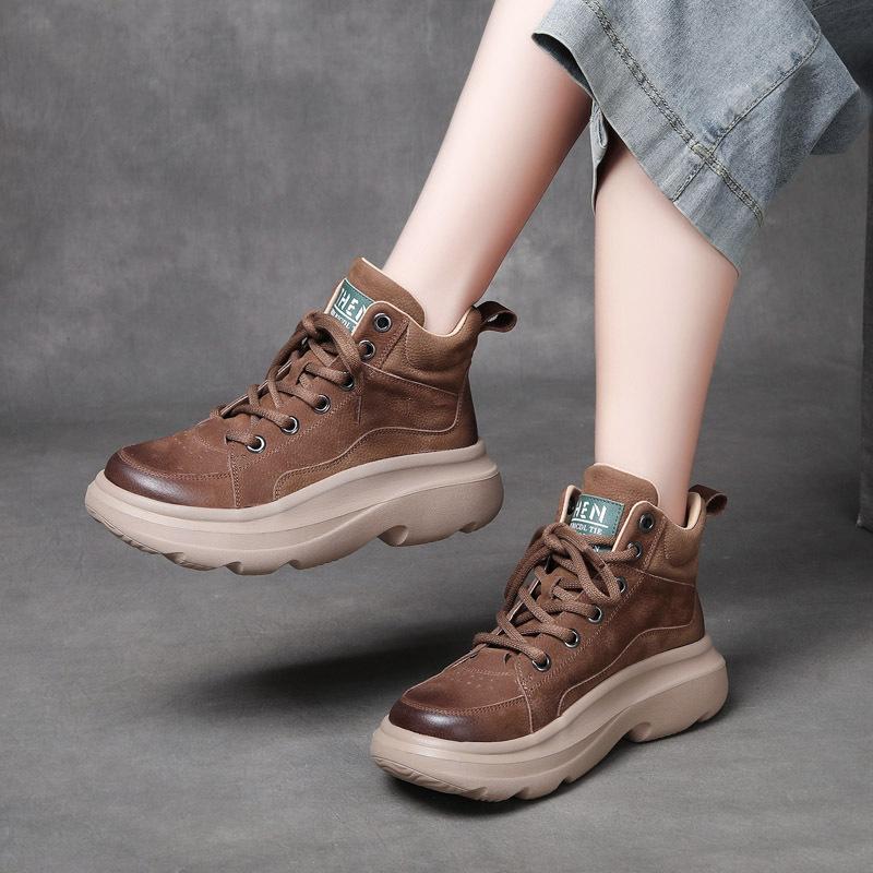 Fashion GKTINOO Genuine Leather High Top Shoes Women Platform Boots Non-slip Cow Leather Ladies Winter Ankle Botas Warm Sneakers