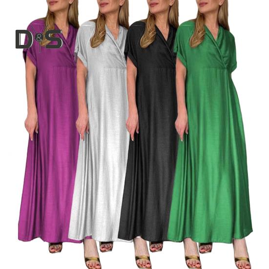 Spring Women Dress V Neck Short Sleeve Loose A-line Pure Color Ankle Length Maxi Dress Pleated Prom Party Dating Dress