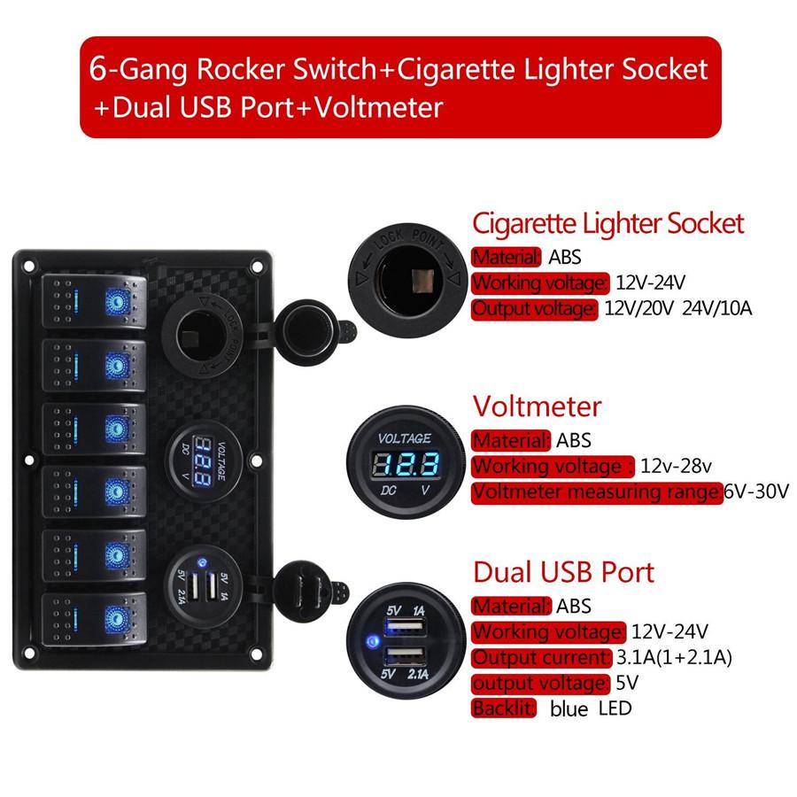 NEW 6 way Rocker Switch + Dual USB Car Charger + Voltmeter car Cigarette Lighter