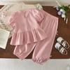 Pink Sweet and Cute Korean Version Fashion 3-7 Year Old Girl Casual Suit Bubble Sleeve Bow Top+Pants Two Piece Set Summer