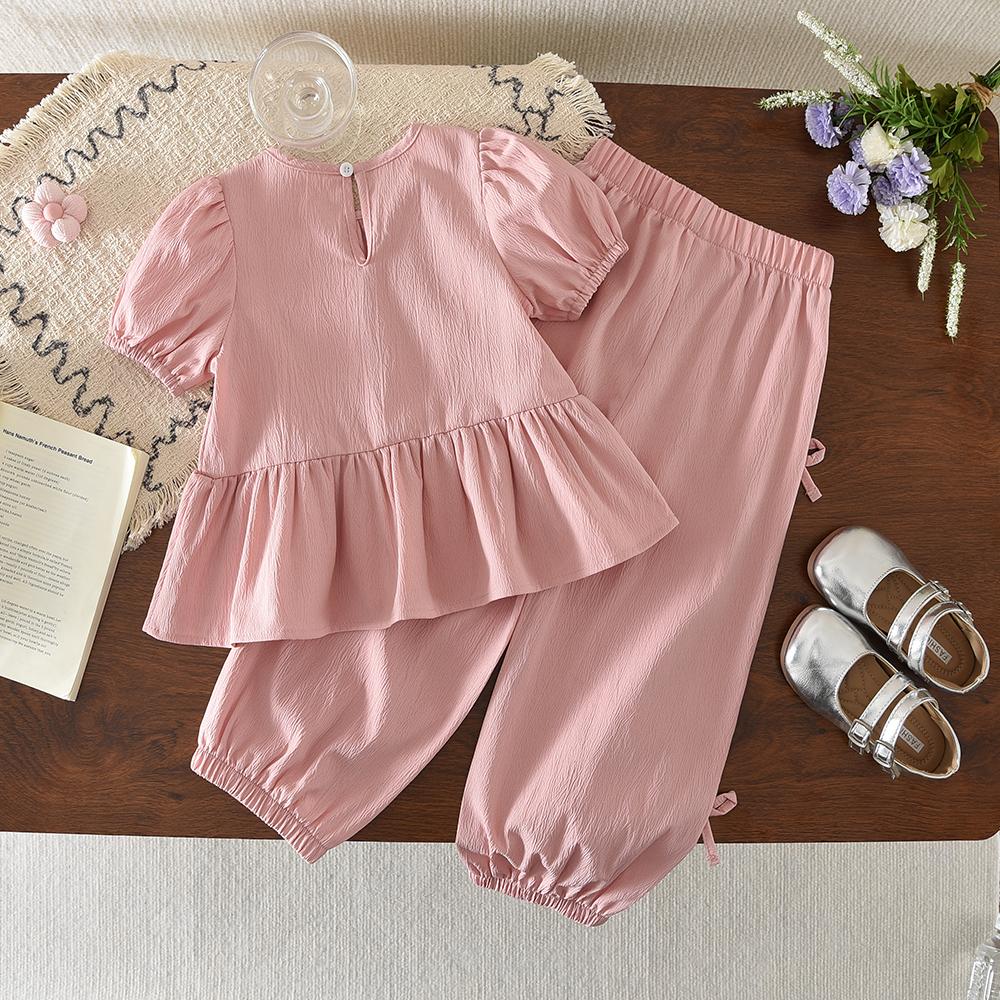 Pink Sweet and Cute Korean Version Fashion 3-7 Year Old Girl Casual Suit Bubble Sleeve Bow Top+Pants Two Piece Set Summer