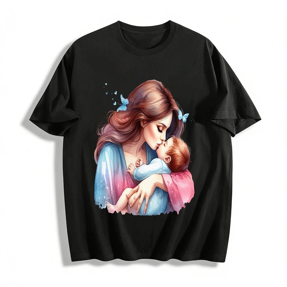 Mother And Baby Kissing Print Casual Top For Adults Pure cotton T-shirt XXS