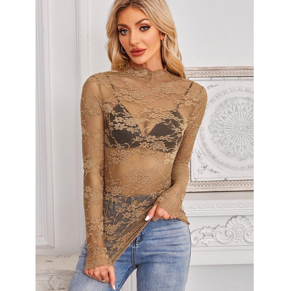 Dámské síťované průhledné krajkové topy s výstřihem do O-kroju a dlouhým rukávem, dámské slim fit květinové výšivkové topy, dámská trička