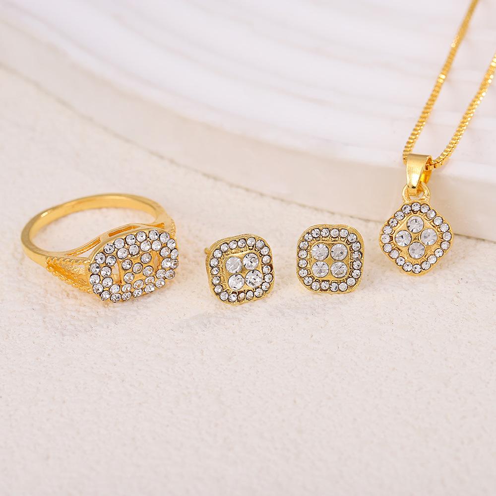 European & American Light Luxury Geometric Inlaid Diamond Jewelry Set: Necklace, Ring, Earrings