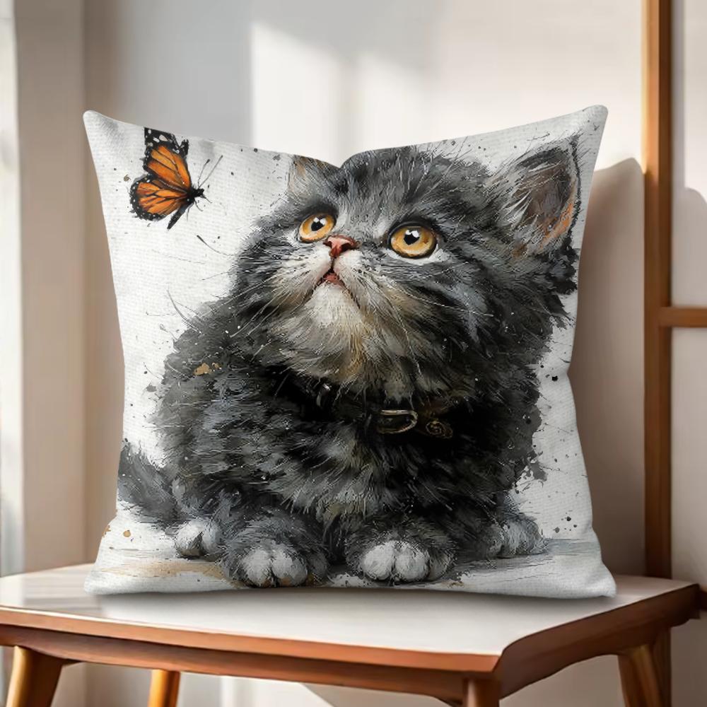 cute cat and flower Cushion Cover Natural Linen Organic Fabric DoubleSided Printing Couch Pillow Covers Home Decor Gift