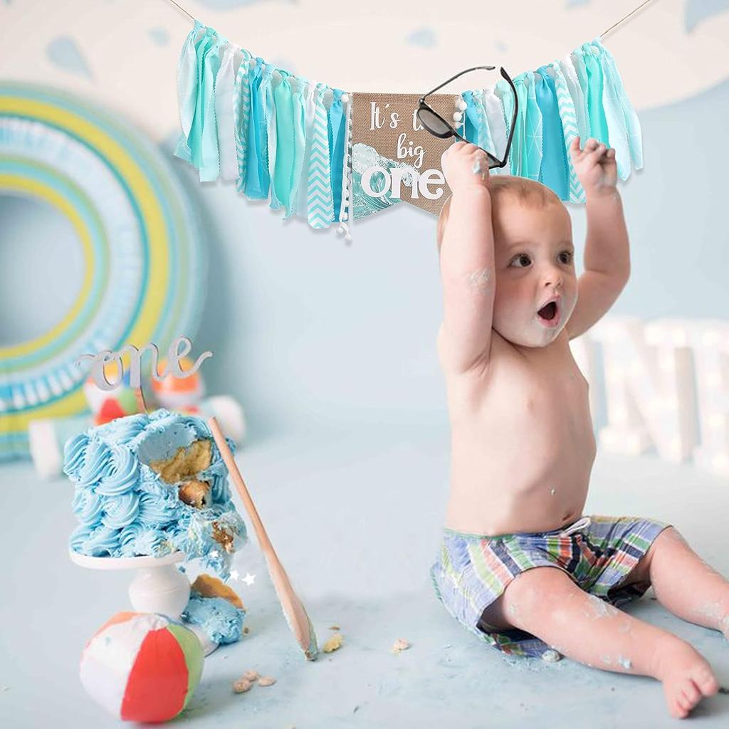 Big One Highchair Banner for 1st Birthday,First Birthday Banner for Baby Boys, Blue Highchair Banner, Pool Party Decorations for Kids Birthday, Cake