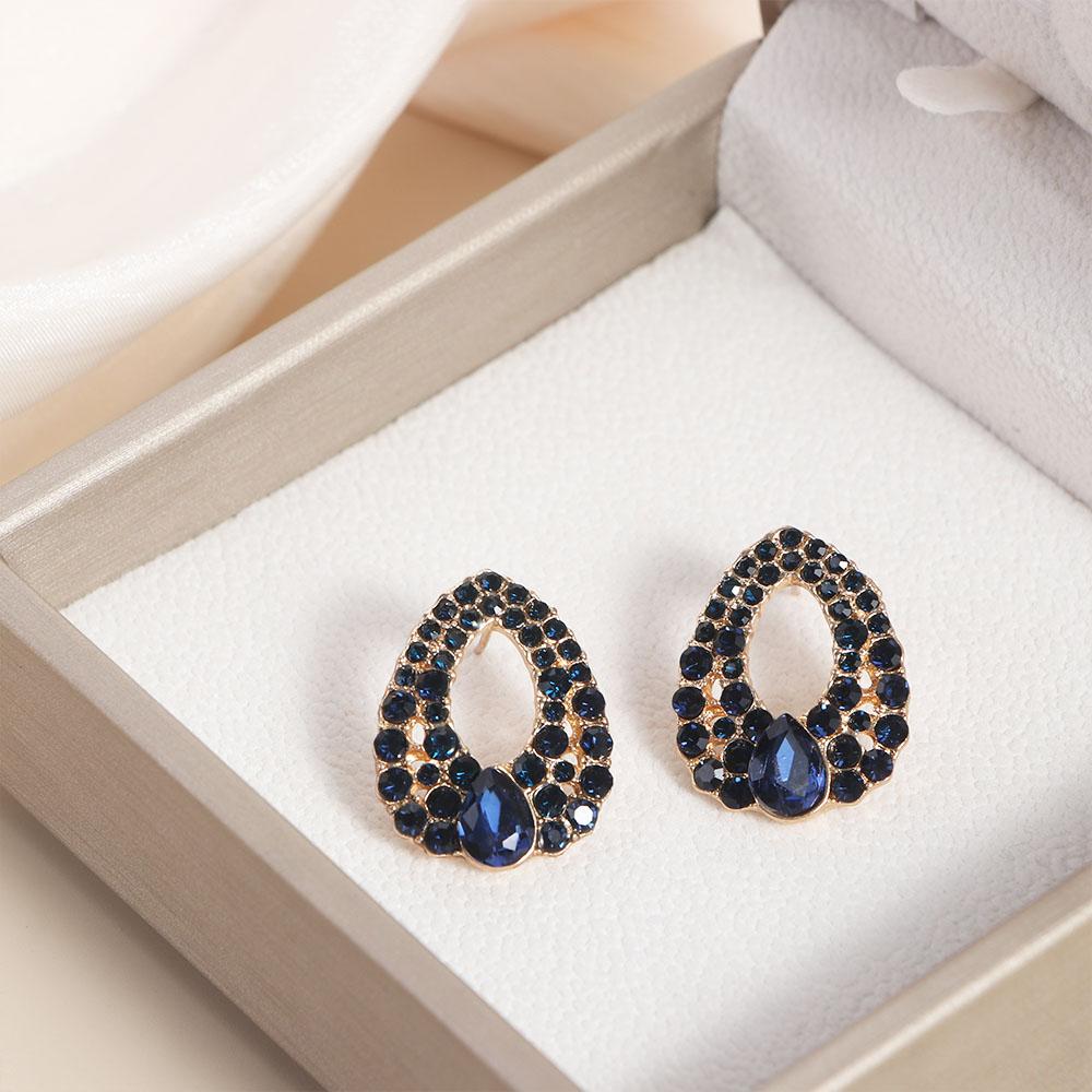 Elegant Women Vintage Style Fashion Blue Rhinestone Dangle Ear Stud Earrings Jewelry Water Droplets