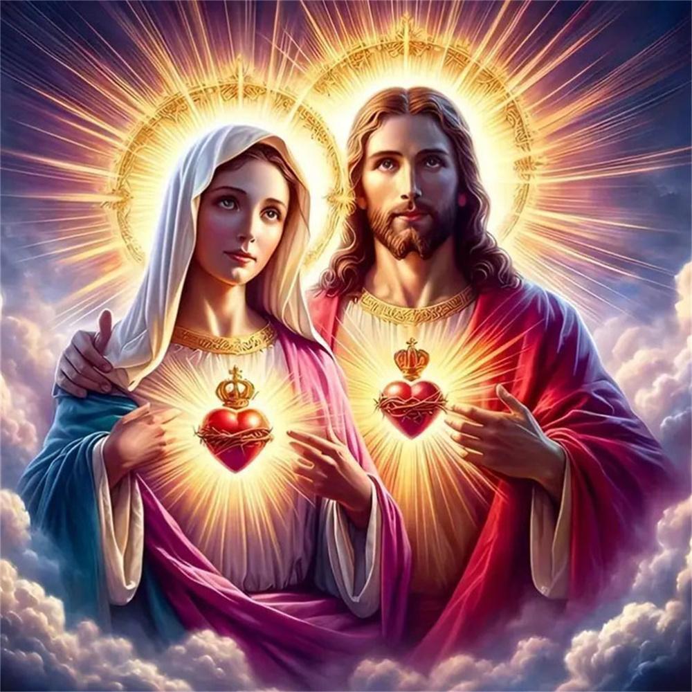 Malowanie diamentowe Nowość Jezus Maryja Pełne okrągłe wiertło Dżety Obraz Haft Portret Kwiat róży Dekoracja ścienna