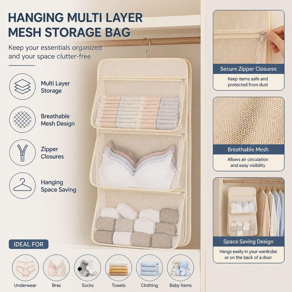 Multi Layer Underwear Hanging Bag Zipper Closure Closet Storage Bag Wardrobe Organization