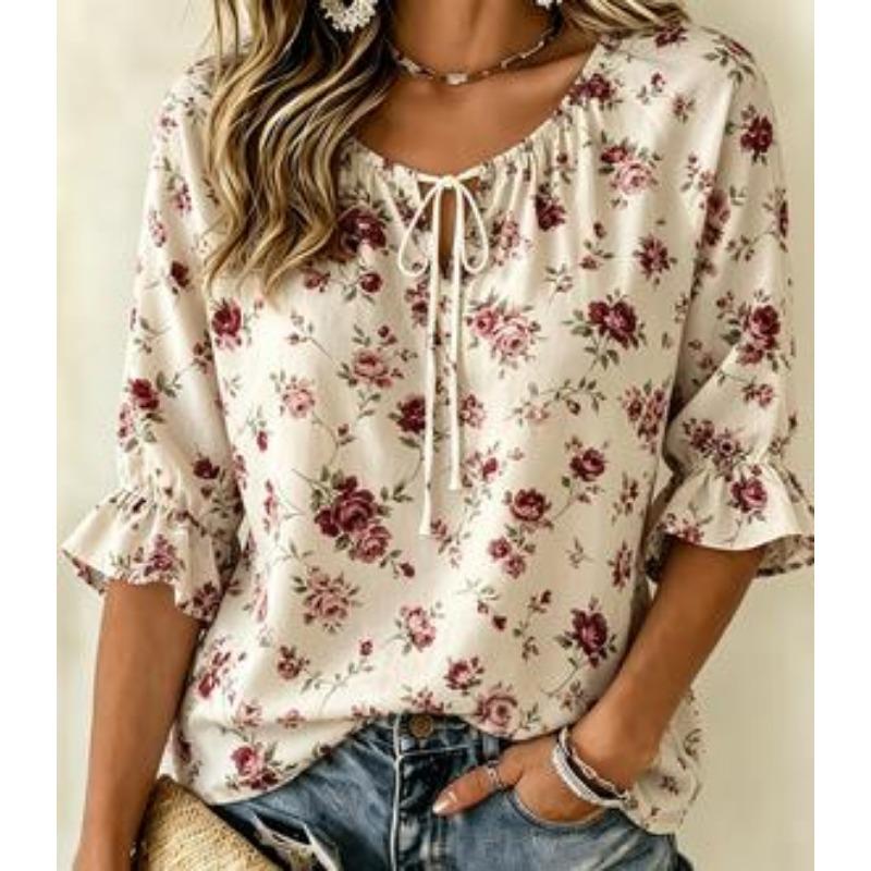 Women's Vintage Burgundy Rose Tie Neck Blouse Ruffle 3/4 Sleeve Relaxed Fit Daily Office Dating Shirt