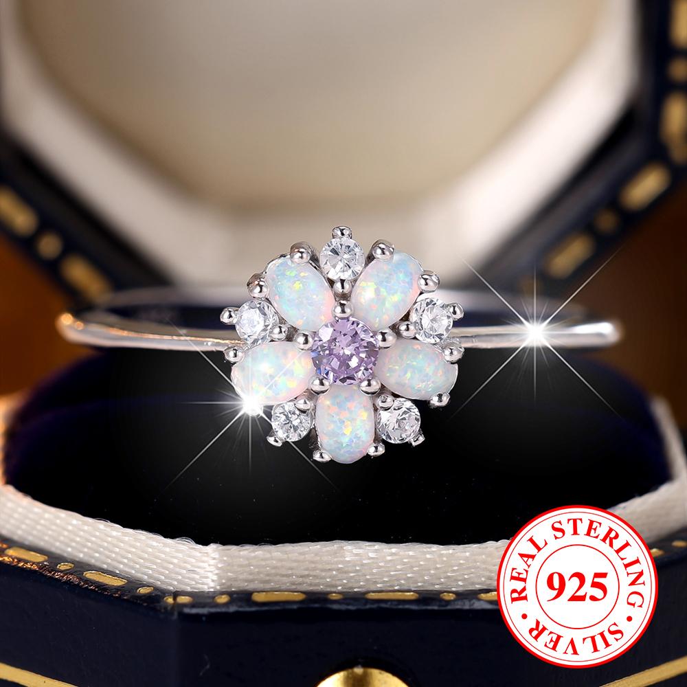925 Sterling Silver Flower Rings for Women Bright Colorful Opal Ring Romantic Wedding Jewelry