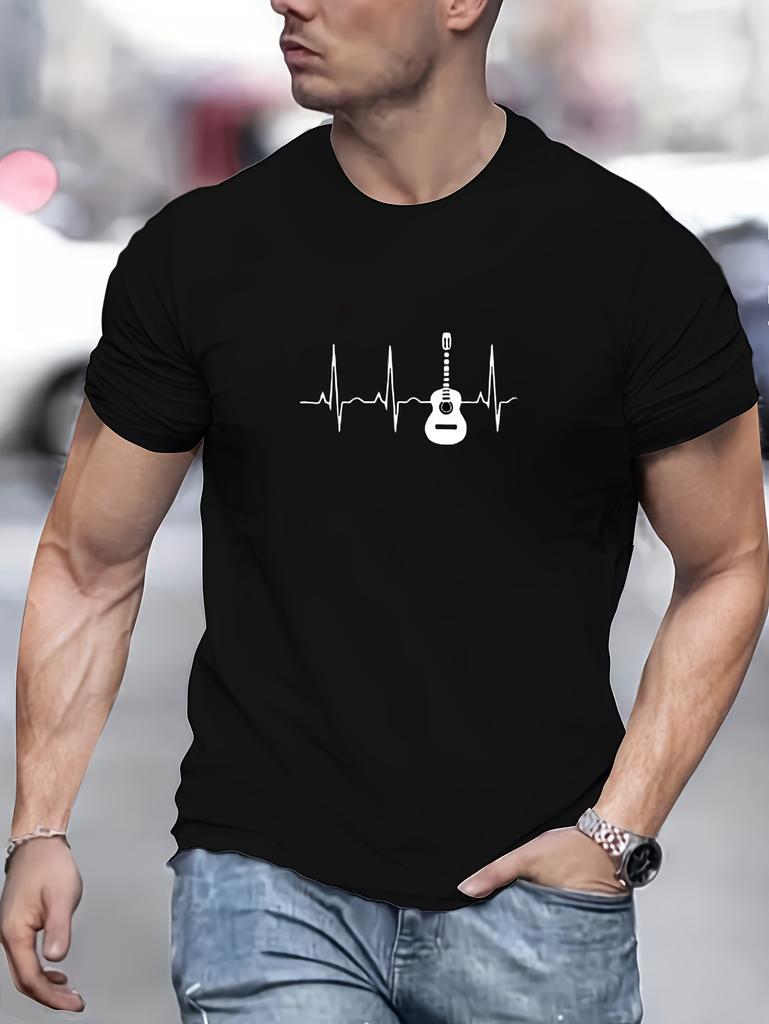 Men's Crew Neck T-shirt, Electric And Heartbeat Pattern Summer Top For Casual And Street Wear